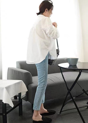 Dan Daiqi Korean Style White Cotton Loose Long-Sleeve Shirt for Women