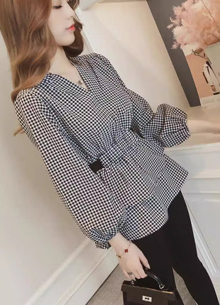 Chic Korean Style V-Neck Plaid Long-Sleeve Slim Fit Blouse Shirt for Women