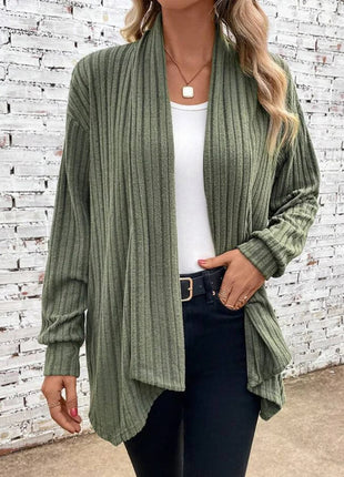 Women's Versatile Solid Ribbed Knit Long-Sleeve Open Front Cardigan Sweater