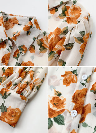 Plus Size Loose Fit Floral Shiffon Polo Collar Long-Sleeve Lantern Shirt
