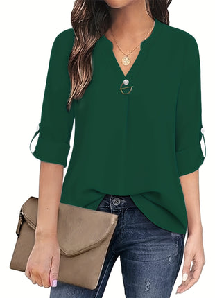Stylish V-Neck Long-Sleeve Leisure Shirt for Women - European Button-Down