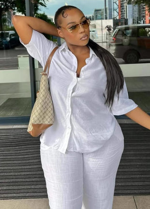 Chic European Style Women's Solid Color Short Sleeve Shirt & Trousers Set