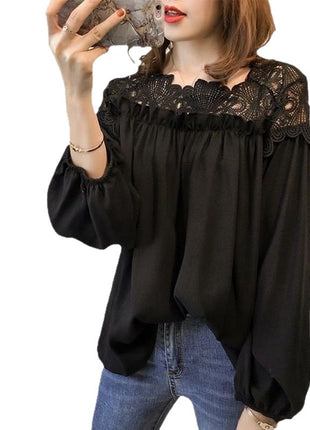 Elegant Korean Style Plus Size Lace Chiffon Long-Sleeve Blouse for Autumn