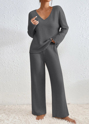 Women's Oversize V-Neck Ribbed Brushed Long-Sleeve Leisure Set for Fall Winter