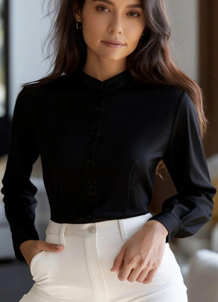 Elegant Women's Solid Color Stand-up Collar Long Sleeve Button-Up Commuter Shirt