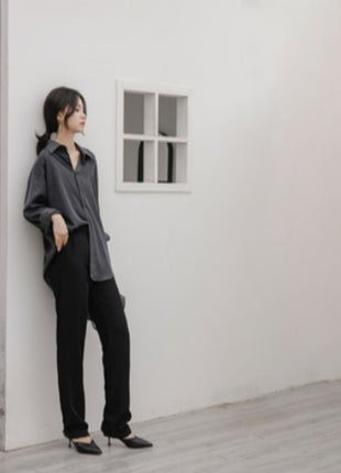 Stylish Oversized Retro Long-Sleeve Button-Up Shirt for Women, Polyester Fall Comfort