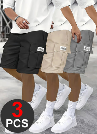 3-Piece Summer Casual Shorts Men's Loose Cargo Pants Solid Color Set Men's Retro Workwear