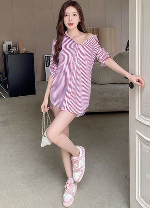 Korean Style Striped Asymmetric Long Sleeve Loose Fit Women's Shirt Jacket