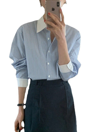 Korean Style Oversize Striped Long-Sleeve Lapel Cardigan Shirt for Women