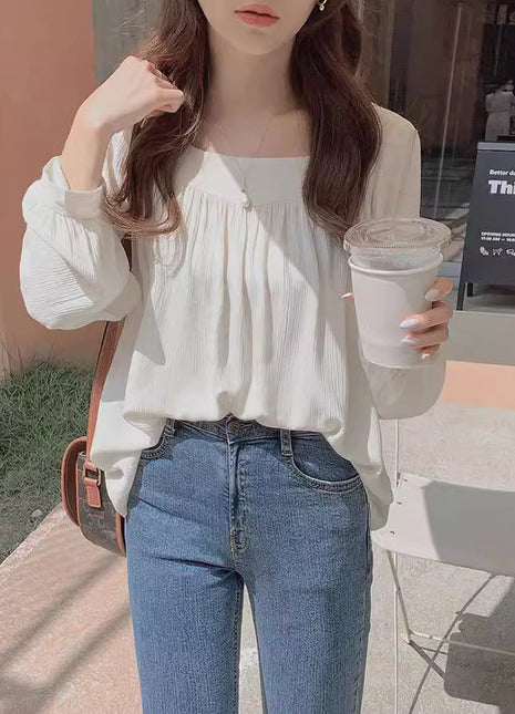 Chic Oversized Chiffon Blouse, Women's Square Neck Long Puff Sleeve Top