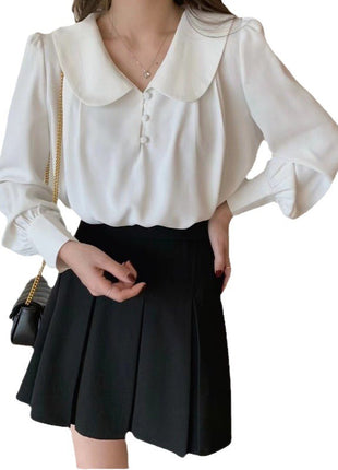 Chic Retro Summer Chiffon Shirt: Doll Collar, Puff Sleeves, Comfortable Style