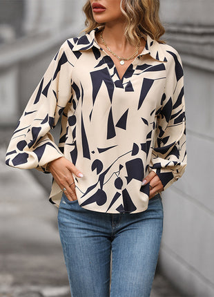 Women's Elegant Abstract Geometric Print Casual Lantern Sleeve Shirt Top