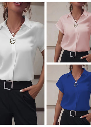 Elegant Pearl V-Neck Short Sleeve Women's Polyester Blouse Commuter Shirt Top