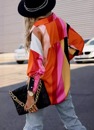 Chic Loose Fit Floral Leopard Print Lantern Sleeve Cardigan Shirt Blouse