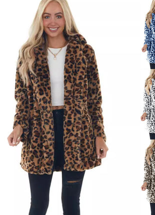 Chic Leopard Print Faux Fur Loose Fit Women's Winter Jacket European Style