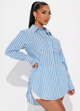 Trendy European Style Loose Striped Long-Sleeve Cardigan Shirt with Pockets