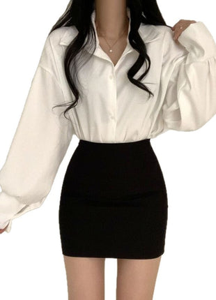 Elegant Plus Size Women's Demi-Season Shirt with Chic Puff Sleeves
