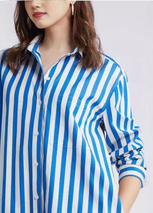 Chic Blue Striped Loose Fit Lapel Long Sleeve Cardigan Shirt Dress