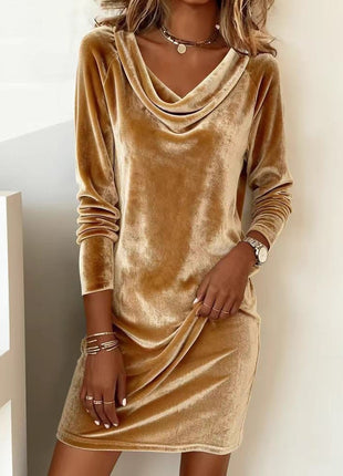 Elegant Velvet Fitted Midi Dress with Chic Swing Collar for Autumn