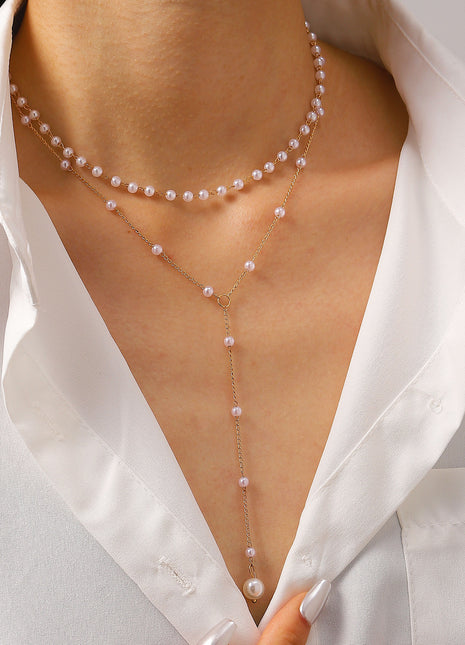 Elegant European Style Pearl Tassel Y-Shape Layered Necklace for Women