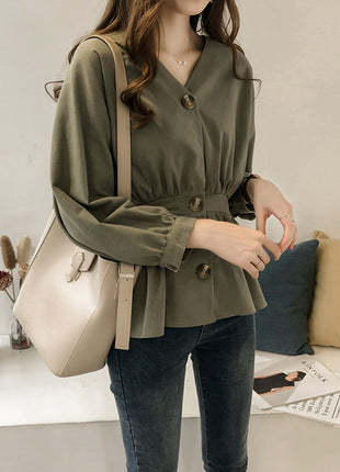 Elegant Korean Style V-Neck Long-Sleeve Shirt - Slim Fit Spring Blouse