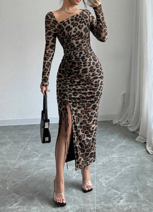 Chic Leopard Print Bodycon Dress, Long Sleeve, High Waist, Split Hem