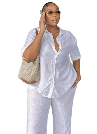 Chic European Style Women's Solid Color Short Sleeve Shirt & Trousers Set