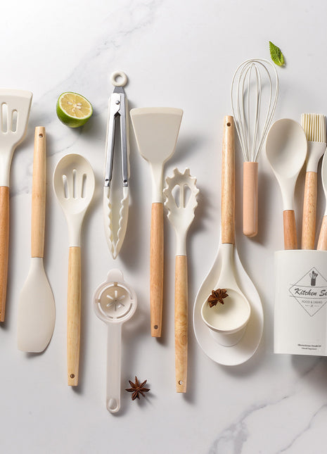 Whimsical Silicone & Wood Handle Kitchen Utensil Set: Non-Stick Cooking Essentials