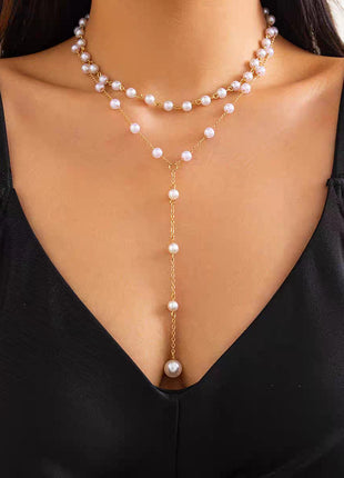Elegant European Style Pearl Tassel Y-Shape Layered Necklace for Women
