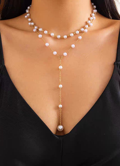 Elegant European Style Pearl Tassel Y-Shape Layered Necklace for Women