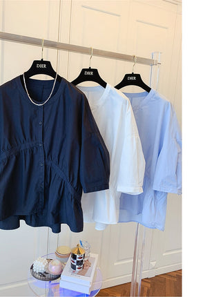Chic Asymmetrical Pleated Cotton Blend Loose Korean Summer Doll Shirt Top