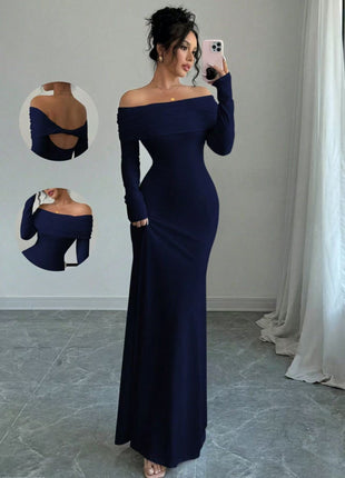 Elegant Off-Shoulder Long Sleeve Bodycon Dress - Slim Fit Hip-Accented Autumn Wear