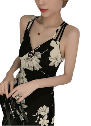 Chic Korean Style Backless Midi Beach Dress - Flowy Printed Summer Sundress