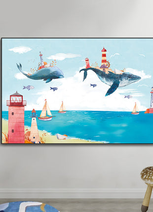 2D Flat, 1pc Large Modern Minimalist Whale Wall Art - Ocean Painting with Whale,  Framed Canvas Print in Sky Blue, for Living Room, Bedroom, Office Decor - Easy Hang Marine Life Poster Sea Decor, Home Decoration