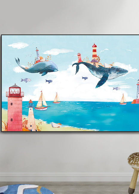 2D Flat, 1pc Large Modern Minimalist Whale Wall Art - Ocean Painting with Whale,  Framed Canvas Print in Sky Blue, for Living Room, Bedroom, Office Decor - Easy Hang Marine Life Poster Sea Decor, Home Decoration