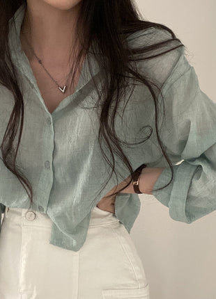 Stylish Solid Color Loose Fit Pleated Long Sleeve Sun Protection Shirt