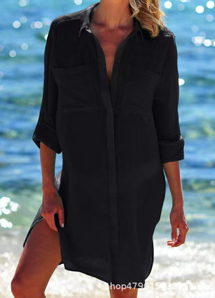Women's Relaxed Fit Wrinkled Fabric Long Sleeve Beach Cover-Up Cardigan Shirt