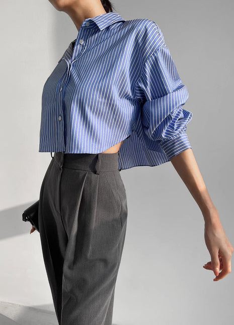 Chic Korean Style Striped Long-Sleeve Short Cardigan Shirt for Women