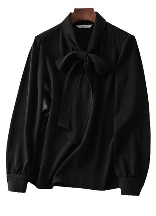 Elegant Korean Chic V-Neck Blouse with Ribbon Tie - Long Sleeve Solid Shirt