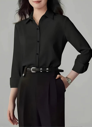 Elegant Commuter Long-Sleeve Button-Up Shirt - Pure Color Polyester Blend