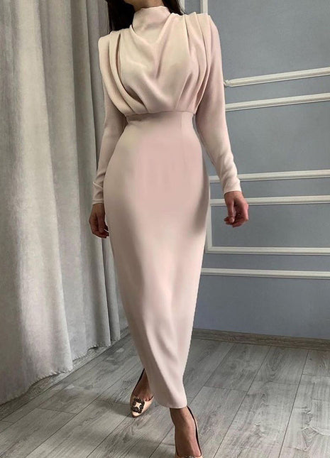 Elegant Women's Long-Sleeve Fitted Waist Casual Midi Dress European Style