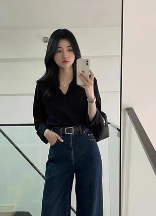 Elegant French Style Black Long-Sleeve Shirt for Women - Chic Commuter Sun Protection Top