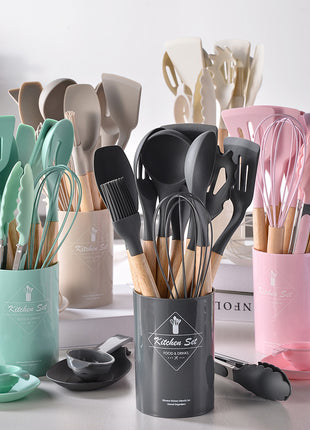 Whimsical Silicone & Wood Handle Kitchen Utensil Set: Non-Stick Cooking Essentials