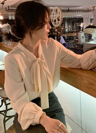Elegant Women's Loose Bow-Knot White Top, Chic Long Sleeve Pullover