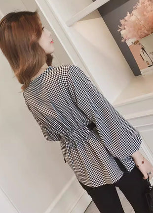 Chic Korean Style V-Neck Plaid Long-Sleeve Slim Fit Blouse Shirt for Women