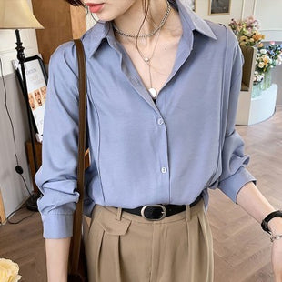 Elegant Women's Long-Sleeve Button-Down Shirt Versatile Polyester Blouse Top for Autumn