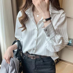 Women's Retro Striped Cardigan Shirt - Loose Fit Long Sleeve Blouse