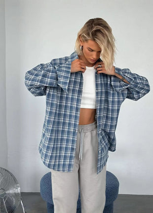 Stylish Retro Plaid Oversized Long-Sleeve Shirt for Autumn European American Style