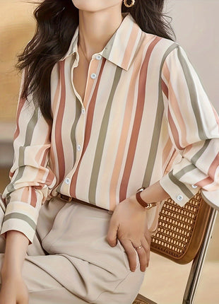 Women's Retro Striped Long-Sleeve Button-Up Shirt - Loose Fit Summer Cardigan Top