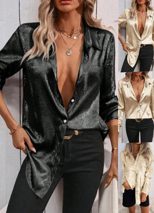 Elegant Women's Long-Sleeve Lapel Button-Up Blouse for Autumn City Style